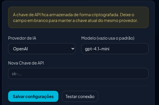 Configuração de IA do Fluxo Prevê: escolha de provedor, modelo, chave de API criptografada e teste de conexão.