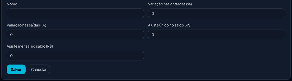 Editor de cenário: variação nas entradas e saídas em percentual, ajuste único e ajuste mensal no saldo.